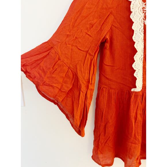 Entro Red-Orange Floral Lace Bib Boho Blouse Size Small - Picture 2 of 6